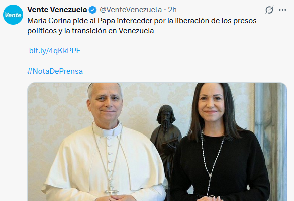 María Corina Machado pide a papa León XIV interceder por los presos y la democracia en Venezuela