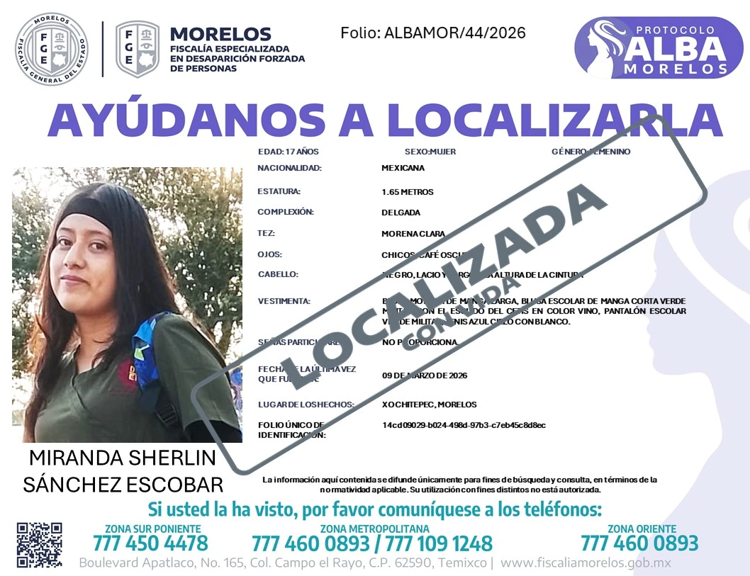 Localizan con vida a Miranda Sherlin, estudiante de CETIS en Morelos