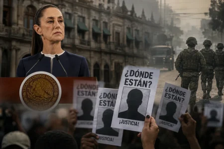 El semanario británico The Guardian Weekly cuestiona la actuación de Sheinbaum frente a la crisis de desapariciones y la creciente militarización del país.