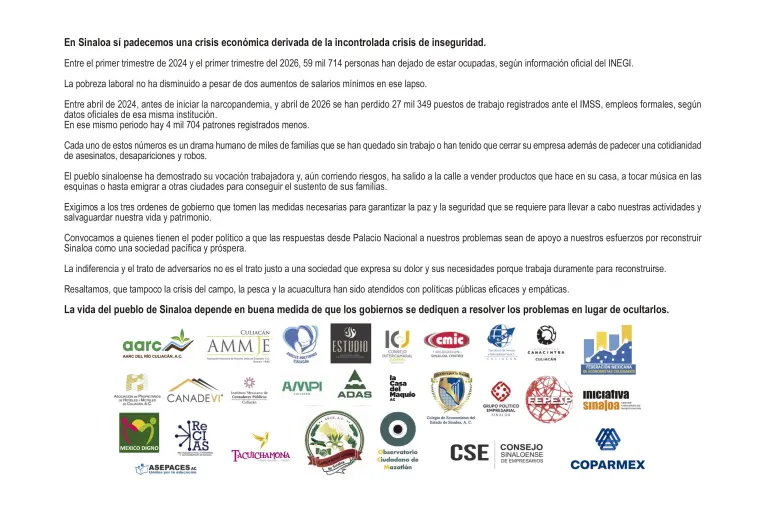 Empresarios y organizaciones civiles de Sinaloa exigen condiciones de seguridad para recuperar inversión y empleo